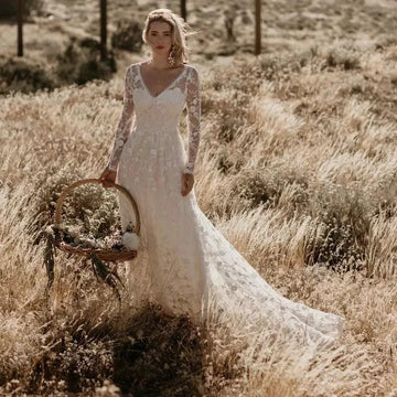 Runhufu Bohemian V-Neck Open Back Wedding Dress Sweep Train Long Sleeves A-Line 3D Lace Wedding Dresses Elegant Bridal Gowns